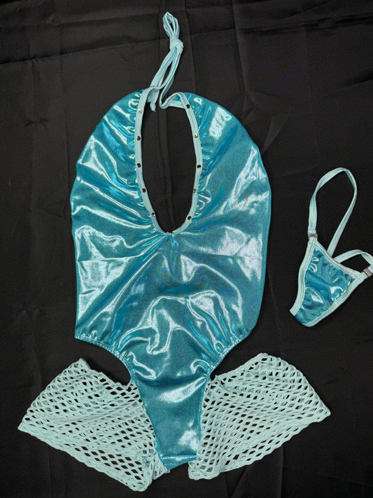 Baby Blue/Baby Blue Fishnet One-Piece Lingerie Outfit