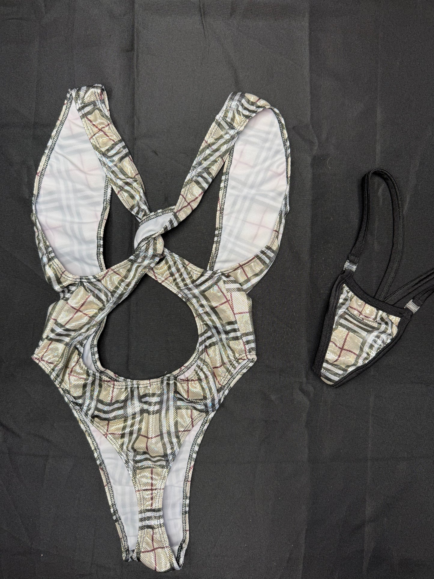 Holographic Designer Plaid Spandex One-Piece Lingerie Outfit
