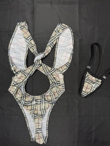Holographic Designer Plaid Spandex One-Piece Lingerie Outfit