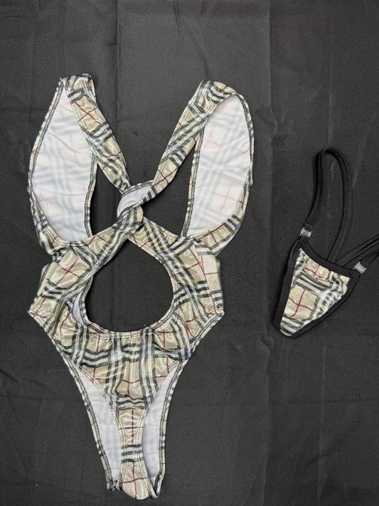 Holographic Designer Plaid Spandex One-Piece Lingerie Outfit