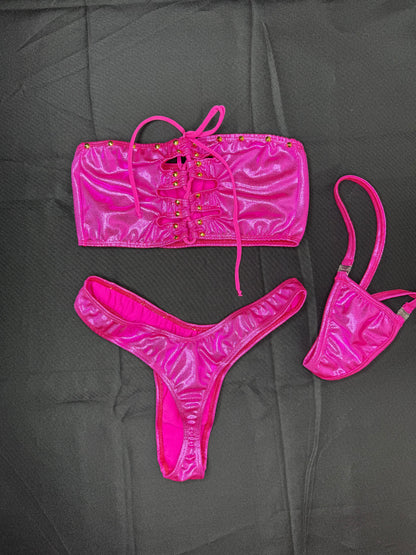 Metallic Hot Pink Tube Top/Cheeky Thong Two-Piece Lingerie Outfit