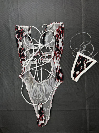 White/Red Flame Mesh One-Piece Lingerie Outfit