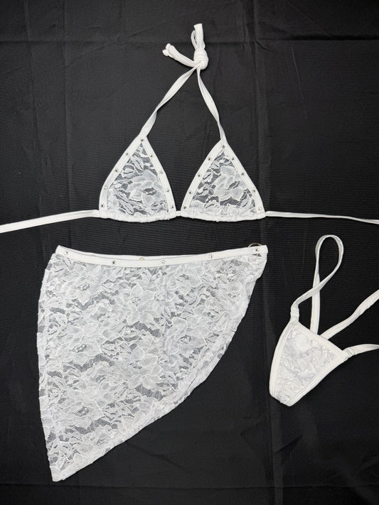 White Lace Bikini Top/Skirt Two-Piece Lingerie Outfit