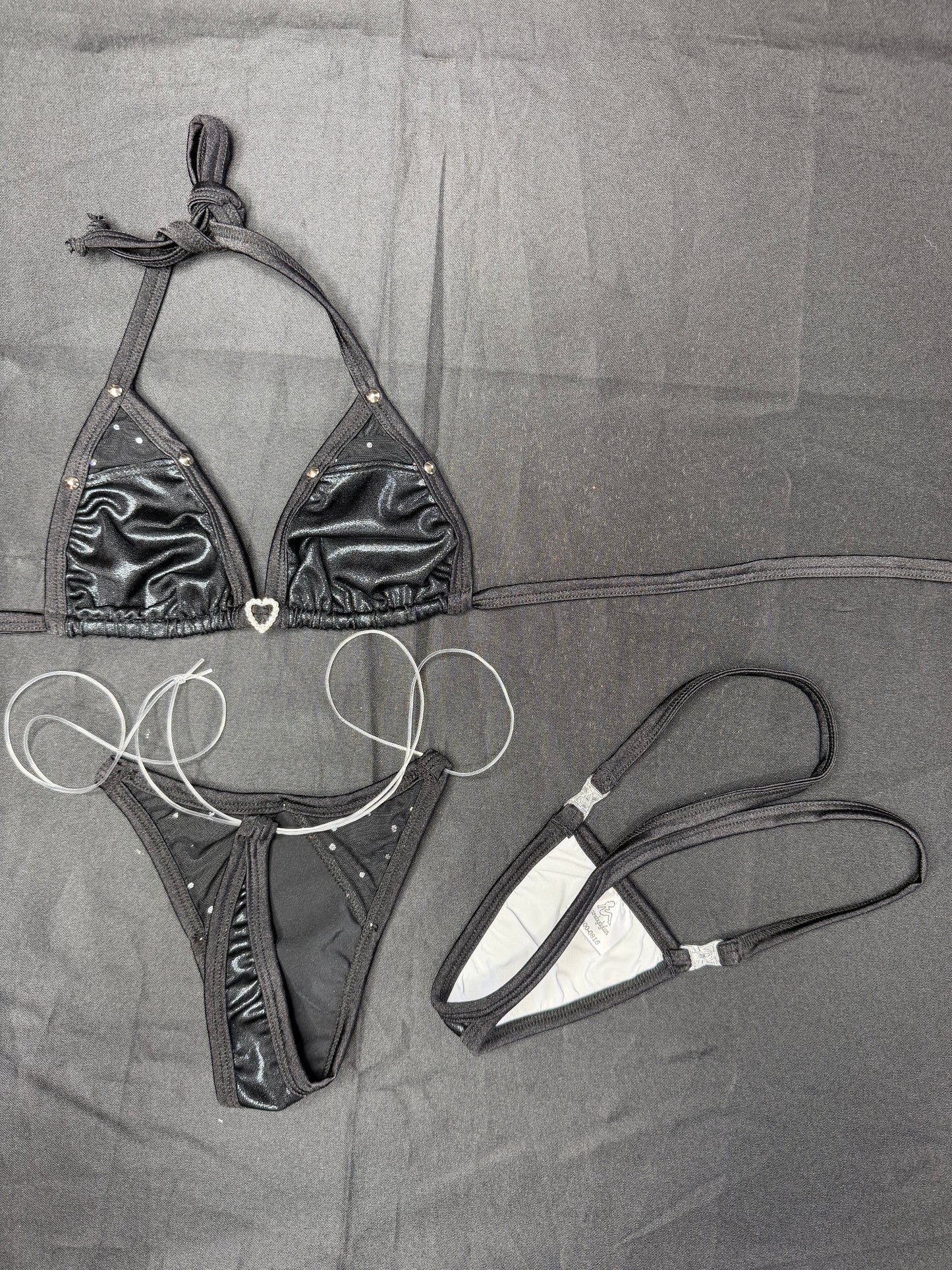 Metallic Black Spandex/Black Mesh Two-Piece Bikini Lingerie Outfit