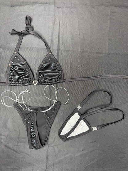 Metallic Black Spandex/Black Mesh Two-Piece Bikini Lingerie Outfit