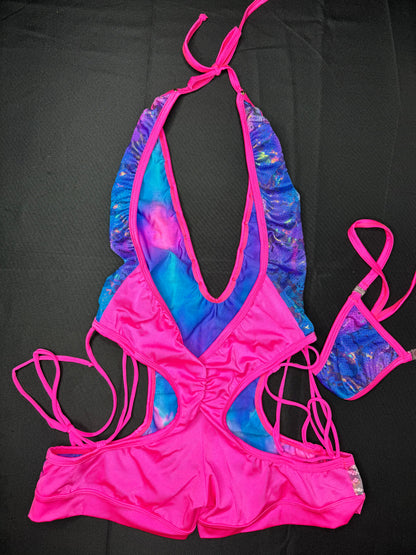 Blue Fish Scales/Hot Pink Spandex One-Piece Exotic Dancer Outfit
