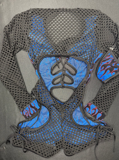 Blue Flame Mesh/Black Fishnet Long Sleeve Romper Lingerie Outfit