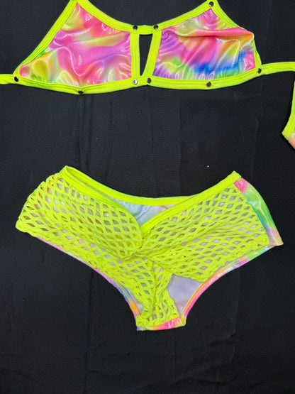 Neon Yellow/Rainbow Spandex Two-Piece Shorts Lingerie Outfit