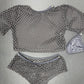 Black Fishnet Spandex Short Sleeve Top/Shorts Two-Piece Lingerie Outfit
