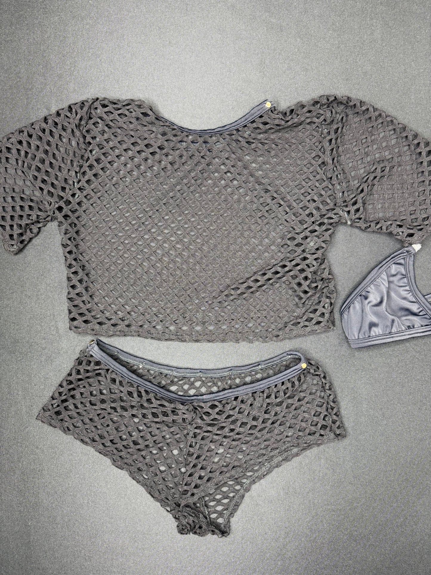 Black Fishnet Spandex Short Sleeve Top/Shorts Two-Piece Lingerie Outfit
