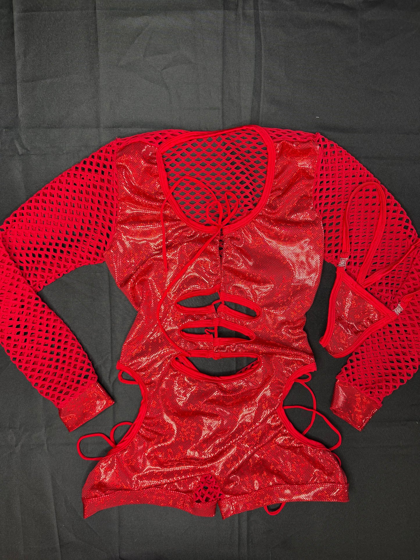 Metallic Red/Red Spandex Romper Lingerie Outfit