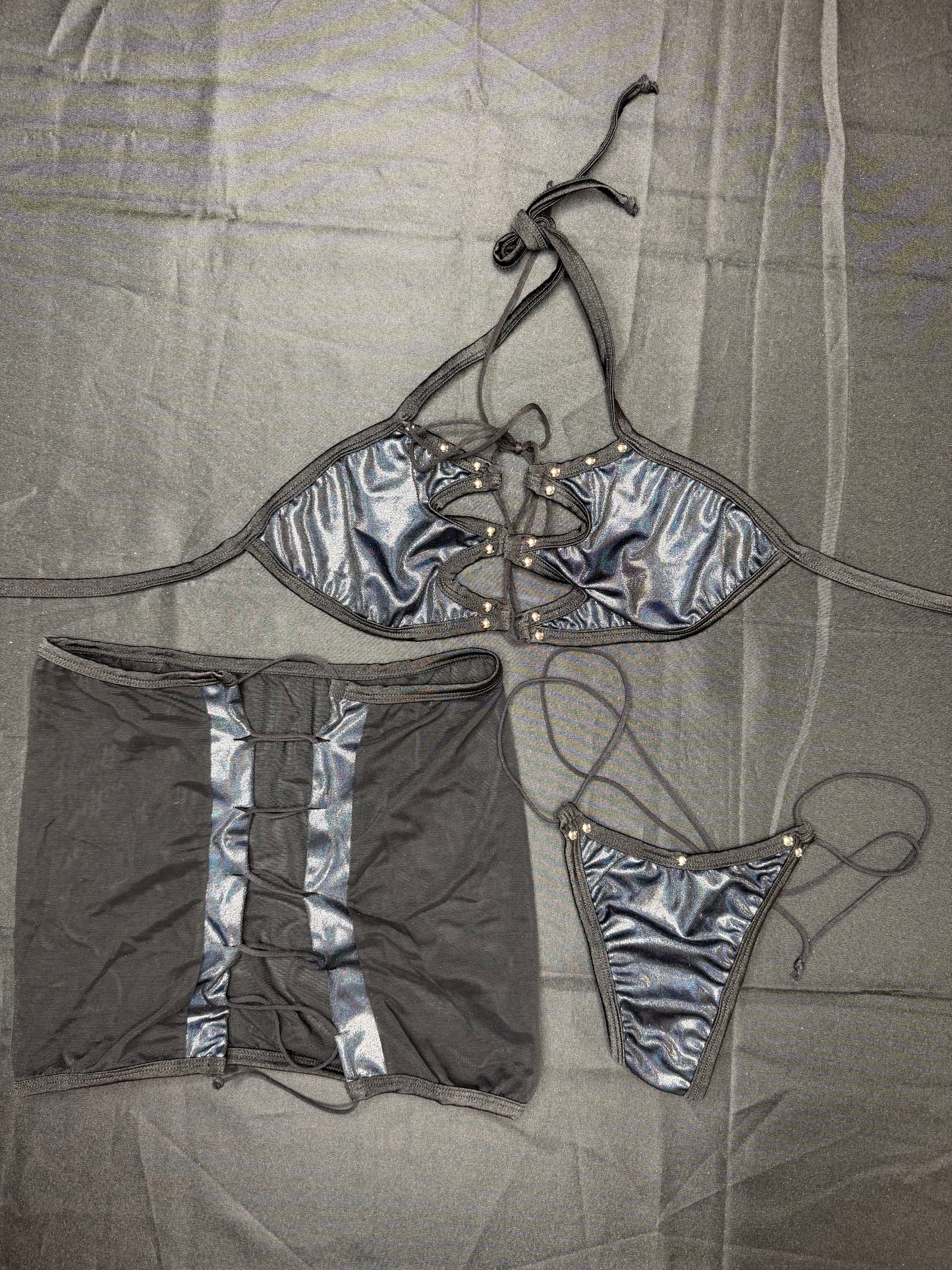 Metallic Black/Black Mesh Bikini Top/Thong & Skirt Three-Piece Lingerie Outfit