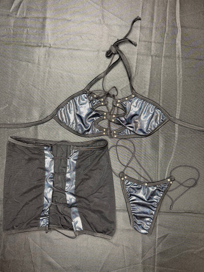 Metallic Black/Black Mesh Bikini Top/Thong & Skirt Three-Piece Lingerie Outfit