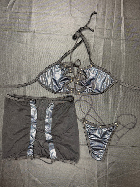 Metallic Black/Black Mesh Bikini Top/Thong & Skirt Three-Piece Lingerie Outfit