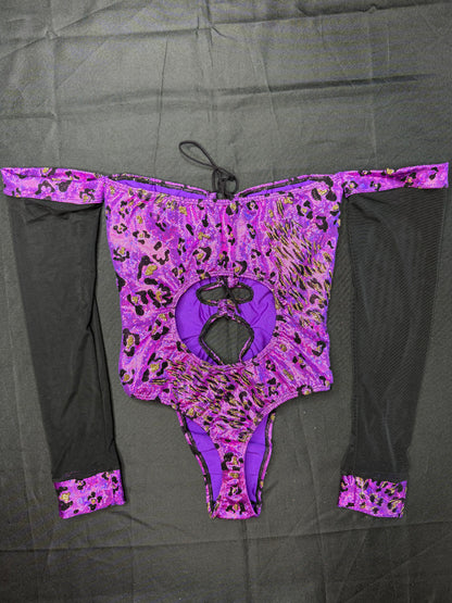 Purple Animal Print Spandex/Green Mesh Long Sleeve One-Piece Lingerie Outfit