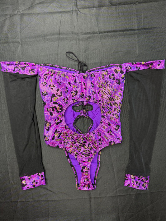 Purple Animal Print Spandex/Green Mesh Long Sleeve One-Piece Lingerie Outfit