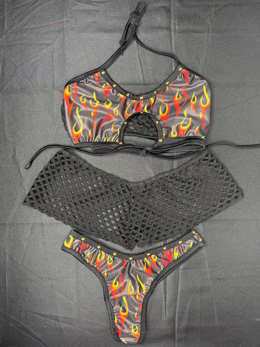 Black/Red Flame Spandex Sports Bra/Cheeky Thong/Shorts Three-Piece Lingerie Outfit