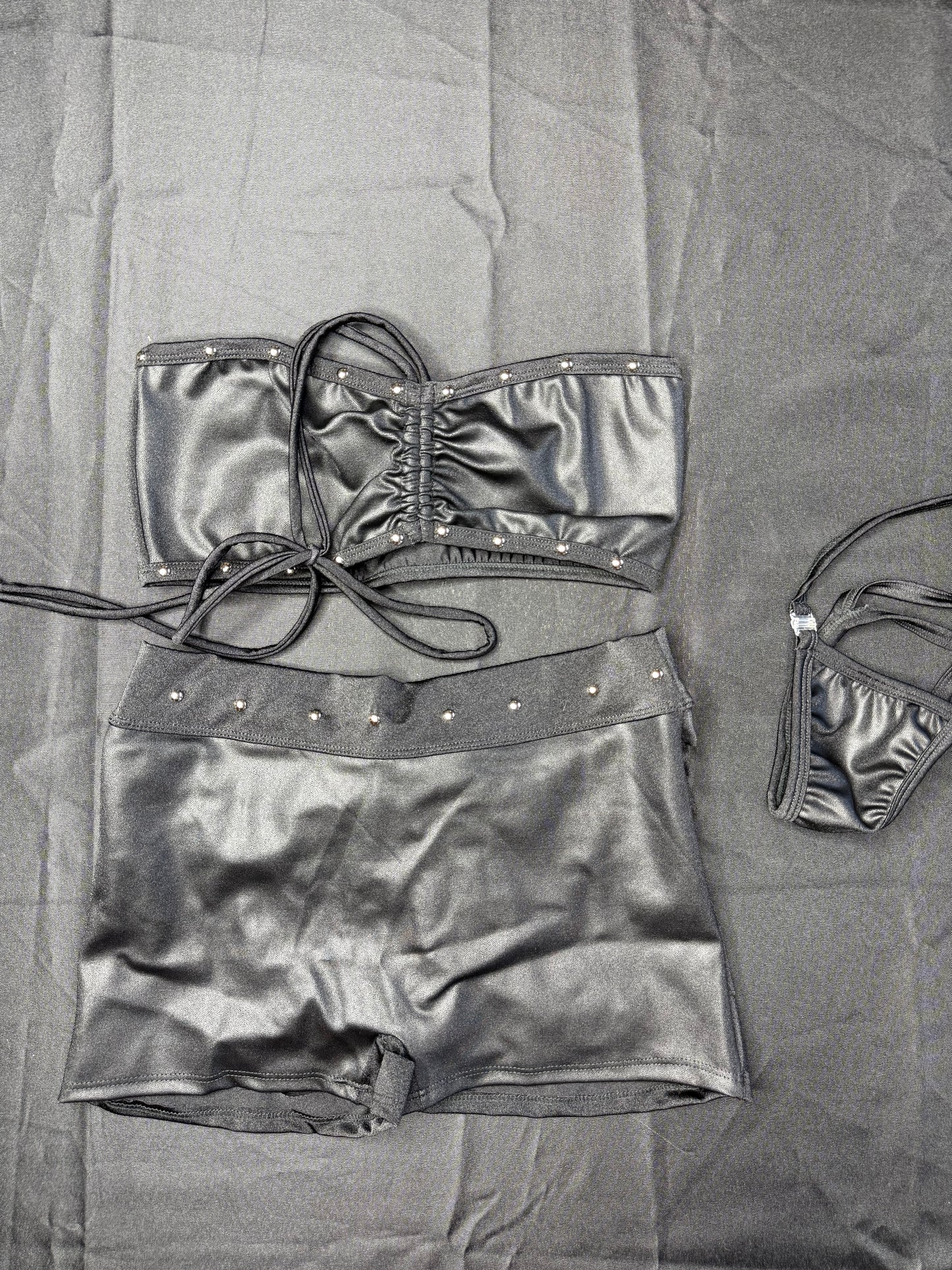 Matte Black/Black Spandex Tube Top/Shorts Ripped Back Lingerie Outfit