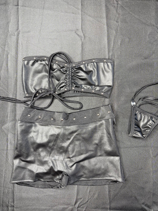 Matte Black/Black Spandex Tube Top/Shorts Ripped Back Lingerie Outfit