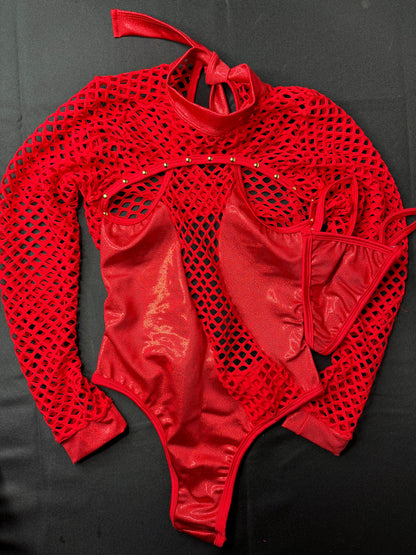 Red Fishnet/Spandex One-Piece Exotic Dancer Outfit