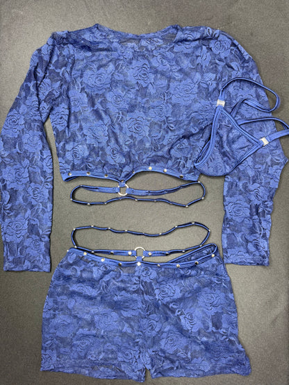 Navy Lace Long Sleeve Two-Piece Shorts Lingerie Outfit