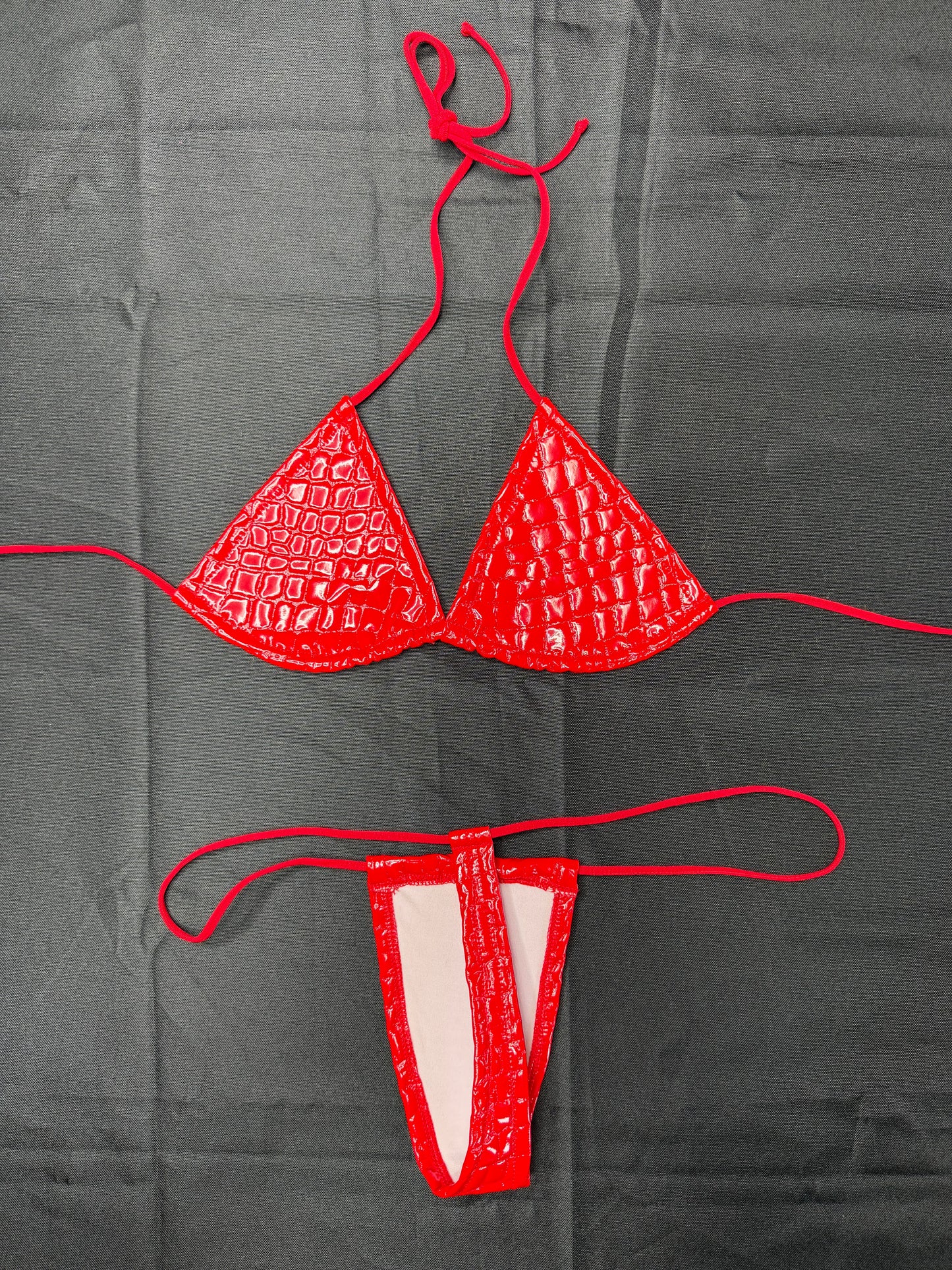 Red Latex Two-Piece Micro Bikini Lingerie Outfit