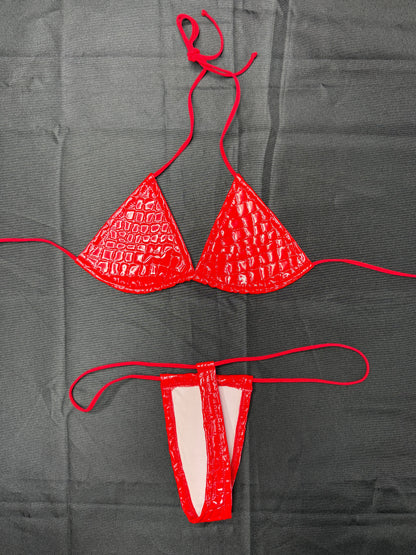 Red Latex Two-Piece Micro Bikini Lingerie Outfit