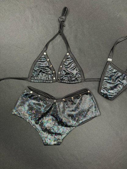Metallic Black Bikini Top/Shorts Two-Piece Lingerie Outfit