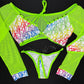 Neon Yellow Mesh/Rainbow Designer Long Sleeve Top/Bikini Bottoms Two-Piece Lingerie Outfit