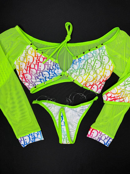 Neon Yellow Mesh/Rainbow Designer Long Sleeve Top/Bikini Bottoms Two-Piece Lingerie Outfit