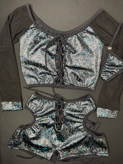 Metallic Black Spandex/Black Mesh Long Sleeve Top/Shorts Two-Piece Lingerie Outfit