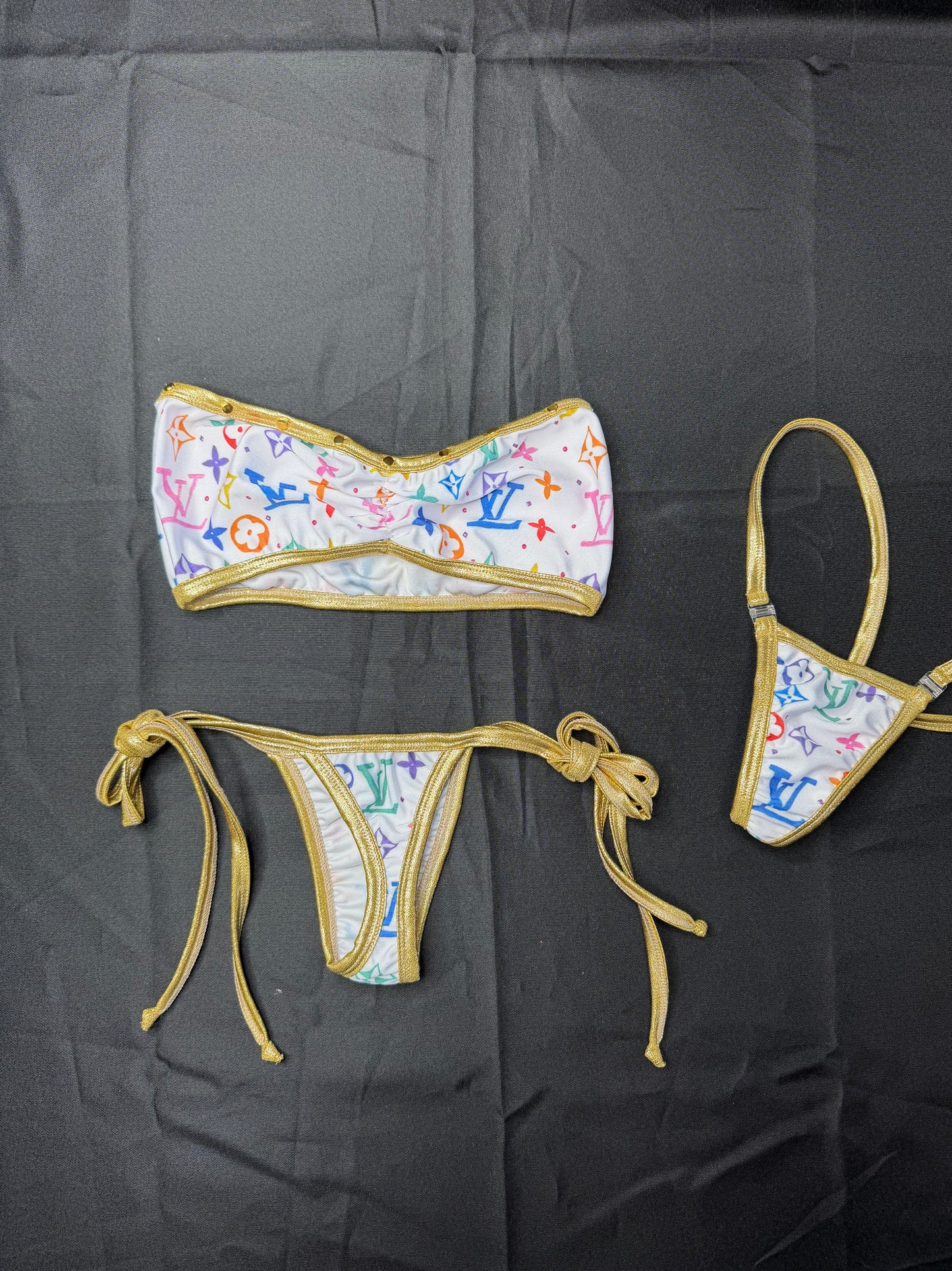 White Designer/Gold Spandex Tube Top/Side Tie Bikini Lingerie Outfit