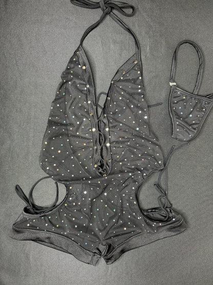 Black Sparkle Mesh One-Piece Lingerie Outfit