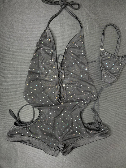 Black Sparkle Mesh One-Piece Lingerie Outfit