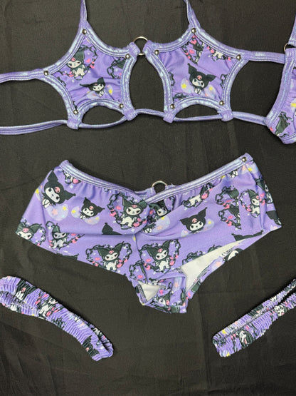 Metallic Lavender/Lavender Kuromi Spandex Star-Top Shorts Garters Lingerie Outfit