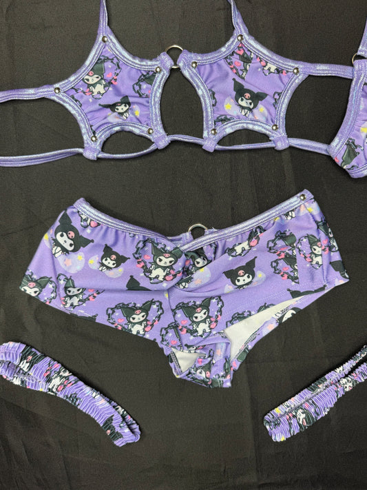 Metallic Lavender/Lavender Kuromi Spandex Star-Top Shorts Garters Lingerie Outfit