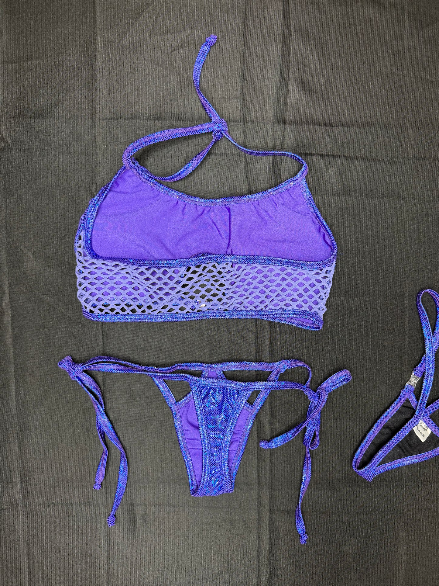Electric Blue Holographic/Purple Fishnet Spandex Two-Piece Lingerie Outfit