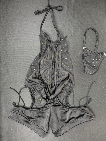 Black Sparkle Mesh One-Piece Lingerie Outfit