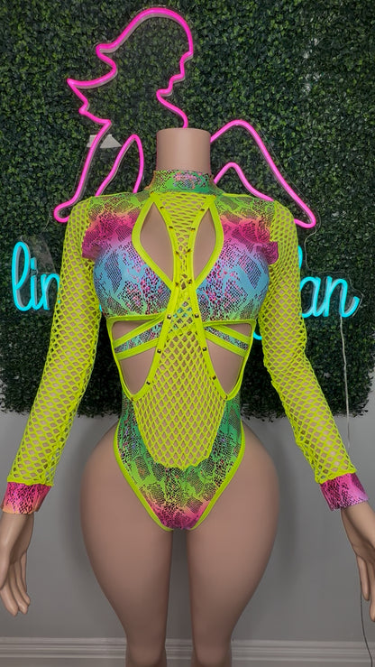 Neon Yellow/Rainbow Animal Print Romper Lingerie Outfit