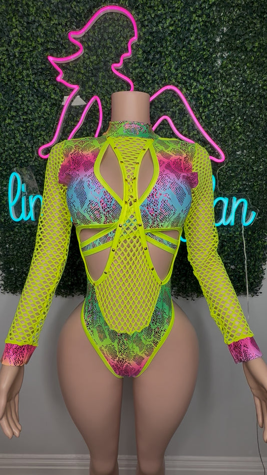 Neon Yellow/Rainbow Animal Print Romper Lingerie Outfit