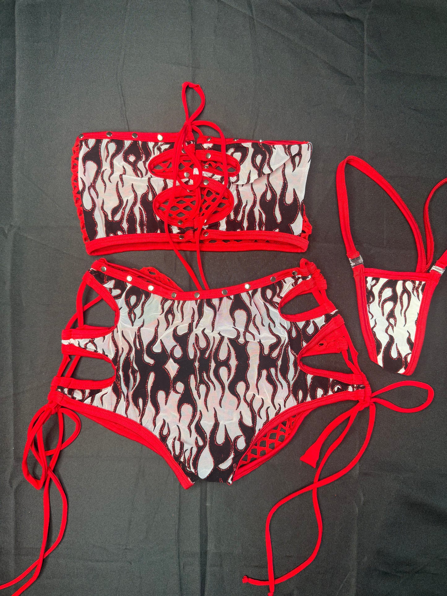 White Flame Mesh/Red Fishnet Spandex Two-Piece Tube-Top/Shorts Lingerie Outfit