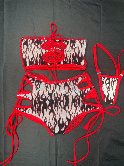 White Flame Mesh/Red Fishnet Spandex Two-Piece Tube-Top/Shorts Lingerie Outfit