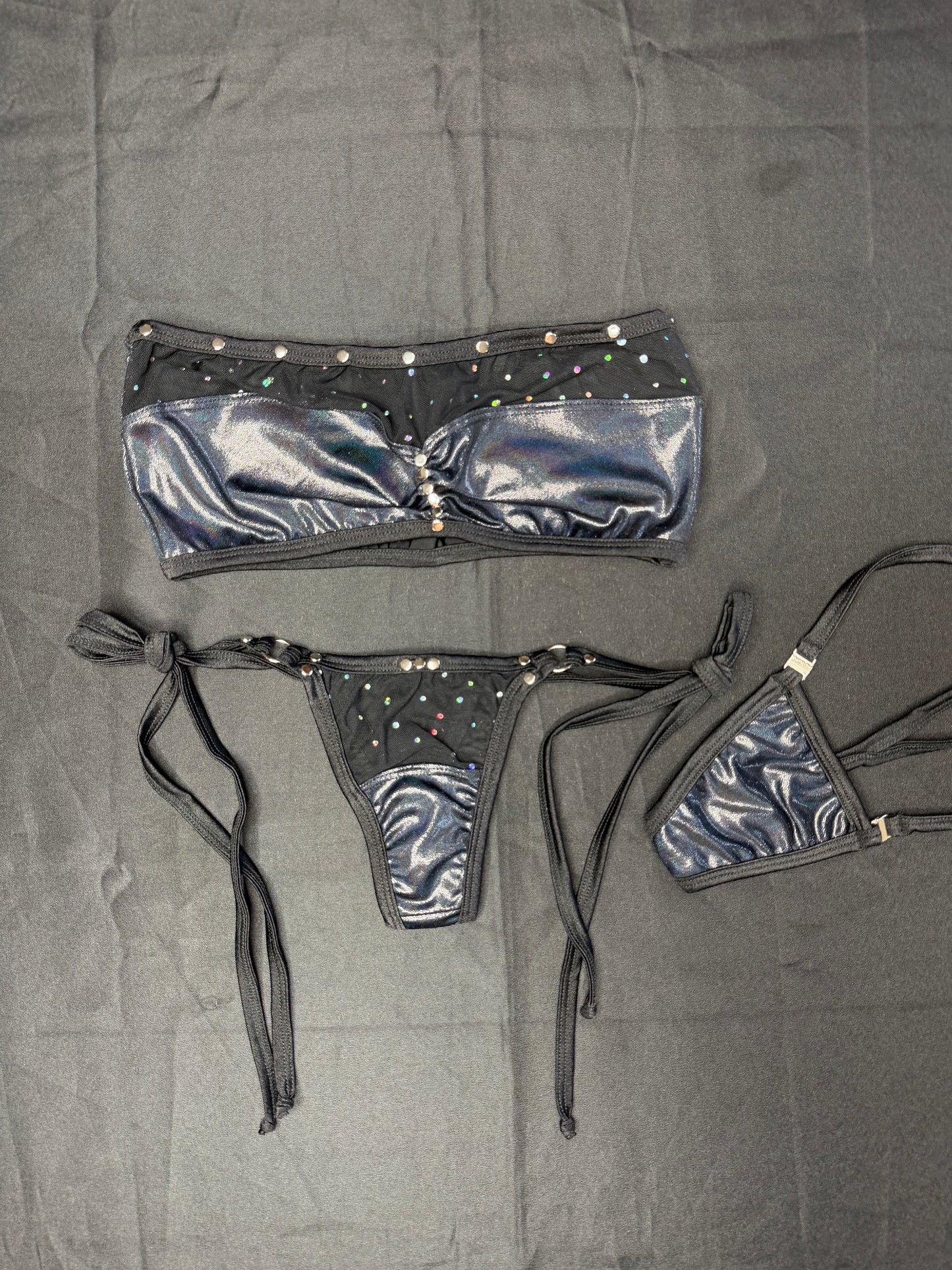 Metallic Black Spandex/Black Mesh Tube Top Bikini Two-Piece Lingerie Outfit