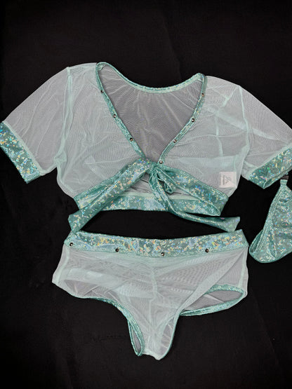 Metallic Mint Spandex/Mint Mesh Two-Piece Lingerie Outfit