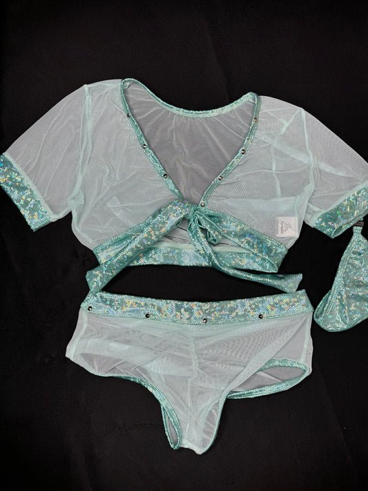 Metallic Mint Spandex/Mint Mesh Two-Piece Lingerie Outfit