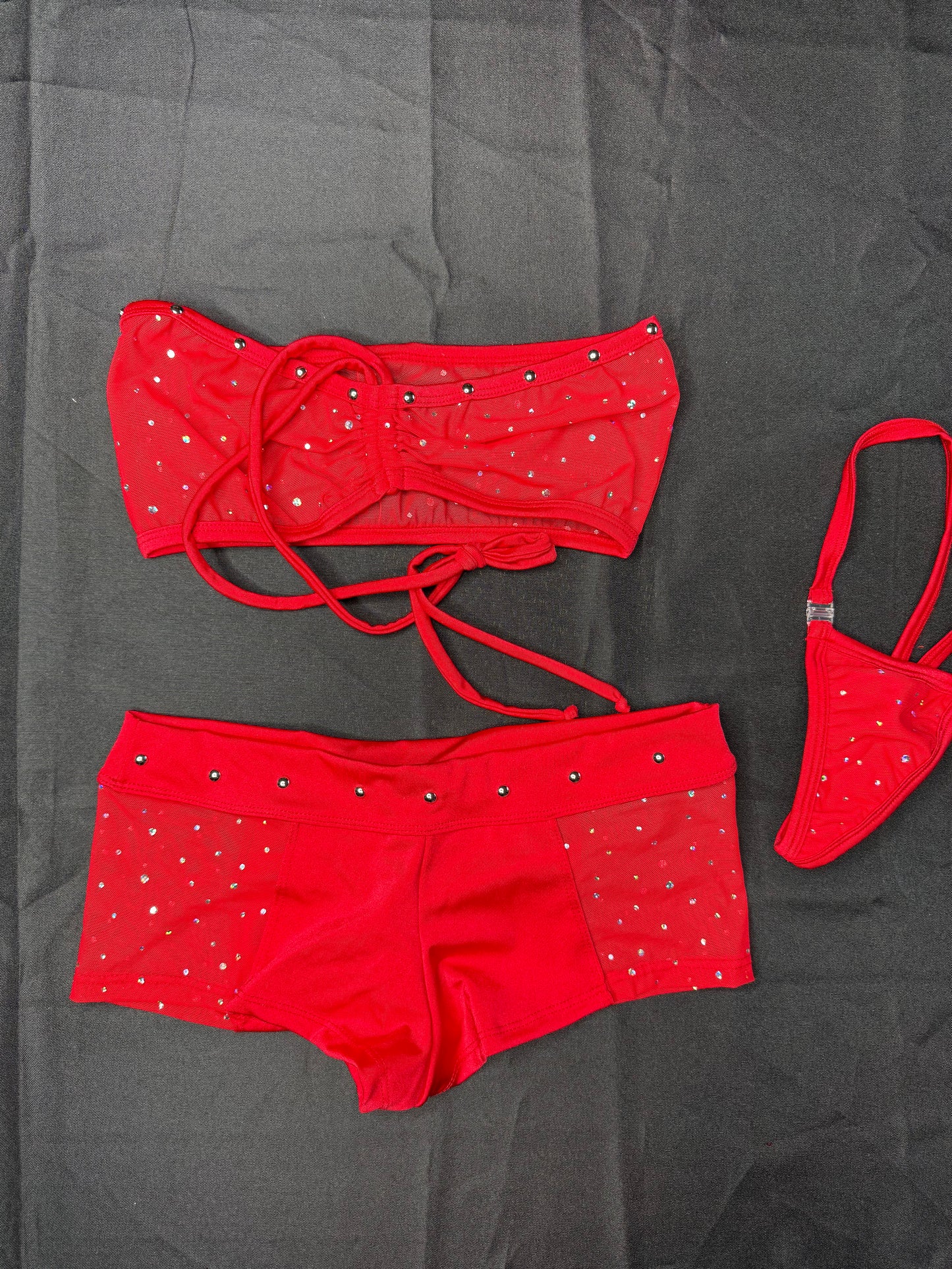 Red Mesh Tube Top/Spandex Shorts Two-Piece Lingerie Outfit