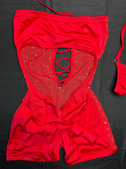 Red Sparkle Mesh/Red Spandex Ripped Back One-Piece Lingerie Outfit