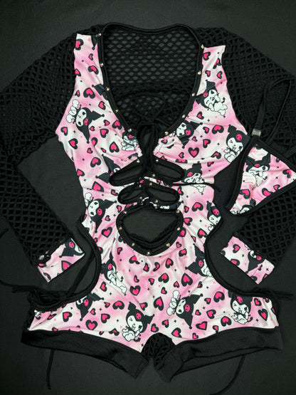 Black/Pink Kuromi One-Piece Fishnet Romper Lingerie Outfit