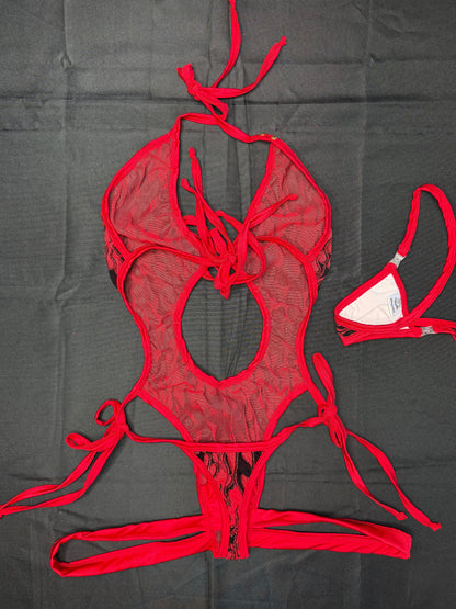 Red Flame Mesh One-Piece Lingerie Outfit