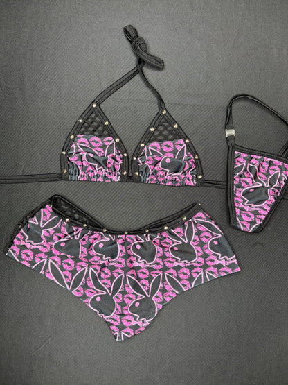 Purple/Black Spandex Bunny Two-Piece Shorts Lingerie Outfit